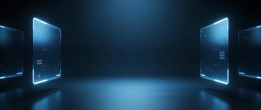 Glowing digital panel looping background dark blue studio with futuristic light, futuristic digital screen background with glowing looping interface, futuristic hologram screen looping background