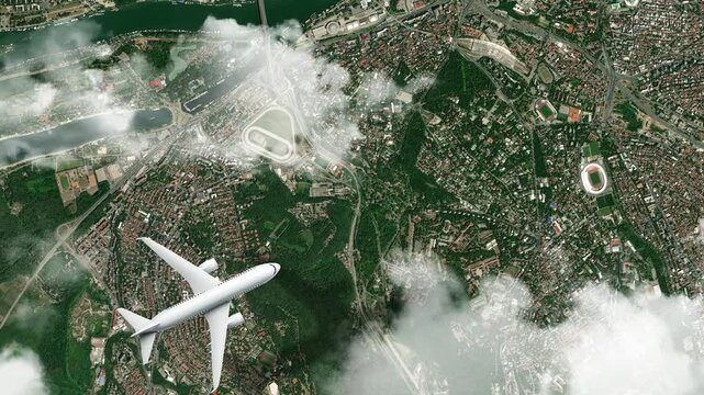 Airplane Flying over Church of Saint Sava, Belgrade, Serbia and Clouds. Aerial Airplane Scenes. Jet Flying Over Historic Church and City Skyline. Aerial City Animation &ndash; Vox Style Map Animation in 4K