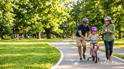 Obraz premium Family riding bike on park path