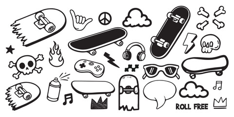 Cool skateboard and gaming doodle vector set for stickers, t-shirts, posters, and other uses © Abdul