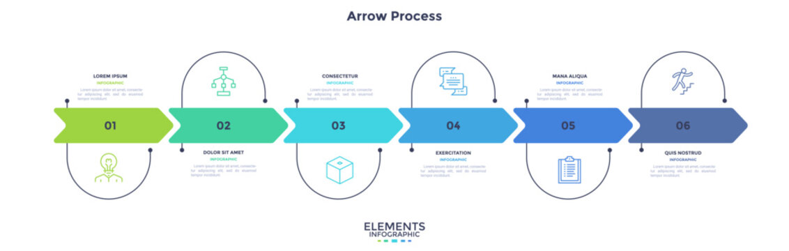 Arrow process infographic with six steps and icons. Horizontal business timeline template for presentation slide. Vector illustration chart for workflow, project planning and data visualization.