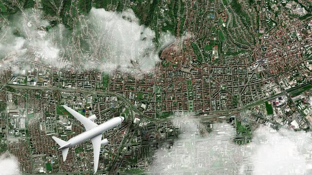 Airplane Flying over Ban Jelačić Square, Zagreb, Croatia and Clouds. Aerial Airplane Scenes. Jet Flying Over Historic Public Square and City Skyline. Aerial City Animation &ndash; Vox Style Map Animation 4K