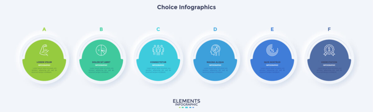 Neumorphic vector illustration. Modern business infographic template with six circular options. Presentation slide diagram layout for strategy and statistics planning. Professional corporate data