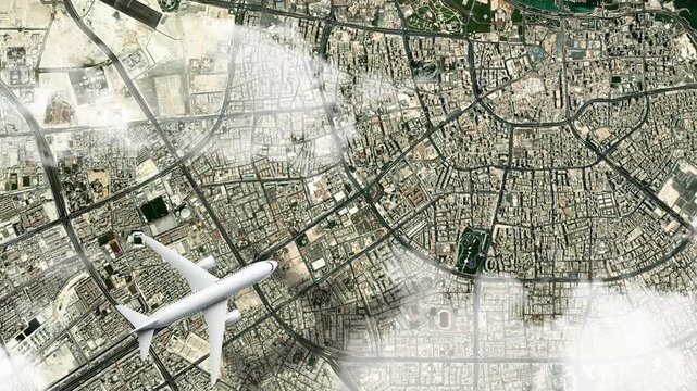 Airplane Flying over Museum of Islamic Art, Doha, Qatar and Clouds. Aerial Airplane Scenes. Jet Flying Over Cultural Landmark and City Skyline. Aerial City Animation &ndash; Vox Style Map Animation in 4K
