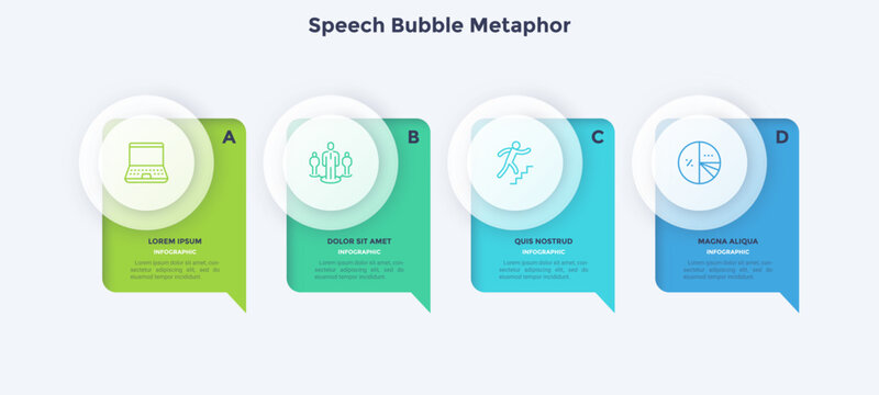 Modern business infographic template with four speech bubble stages. Presentation slide layout featuring laptop, team and step progress icons for data visualization and strategy concept.