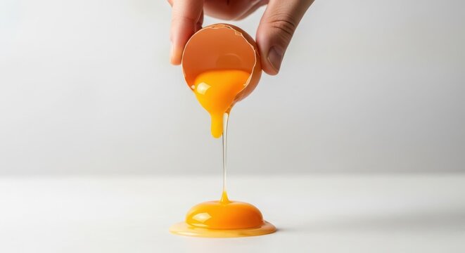 Golden egg yolk dripping from a cracked shell, a close-up shot of liquid flow during food preparation.