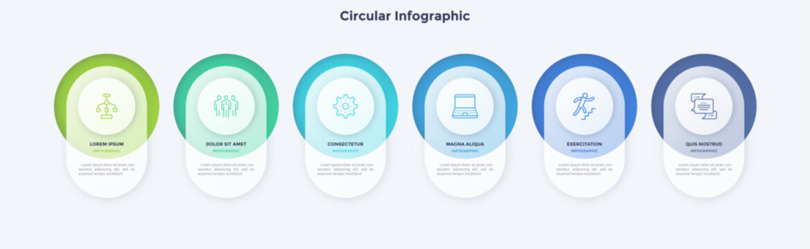 Vector illustration, Circular infographic template with six steps for business presentation slide. Modern diagram layout showing process stages. Financial data visualization tool for strategy planning