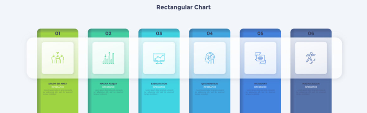 Vector illustration, Modern business infographic template with six steps. Presentation slide design with rectangular diagram layout. Data visualization for corporate marketing and workflow process