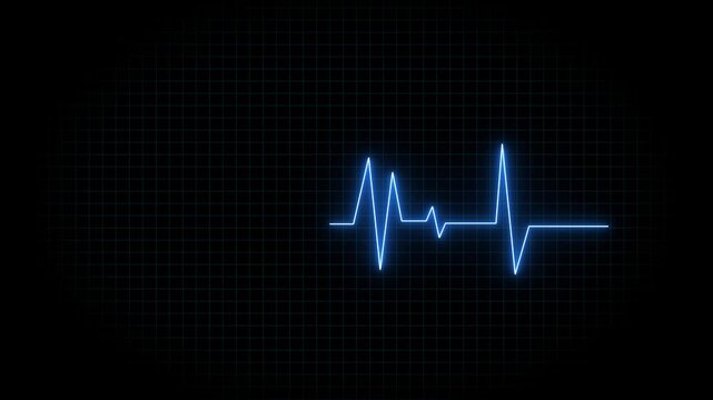 Heart rate line on dark grid background. Blue heartbeat heart rate line for health. Medical heart rate line for clinical pulse monitoring and hospital data visualizations art.