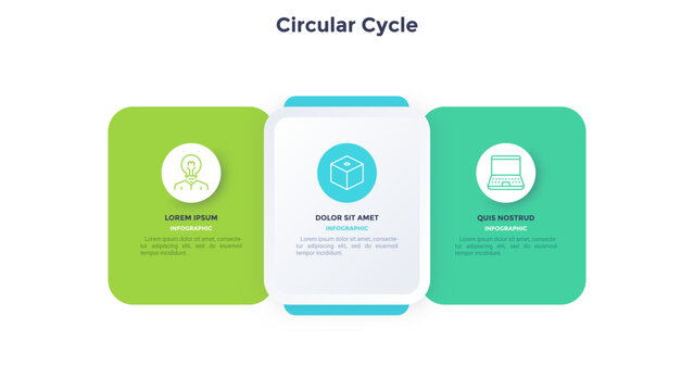 Infographic slide template with three rounded rectangular boxes featuring process steps. Vector illustration of comparison chart for business presentation. Data visualization corporate layout.