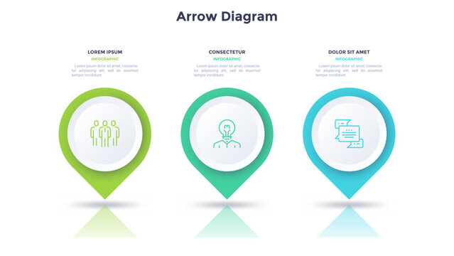 Vector illustration with Arrow diagram infographic slide template with three circle steps. Modern business presentation design with location pin icons for text and company data. Professional corporate