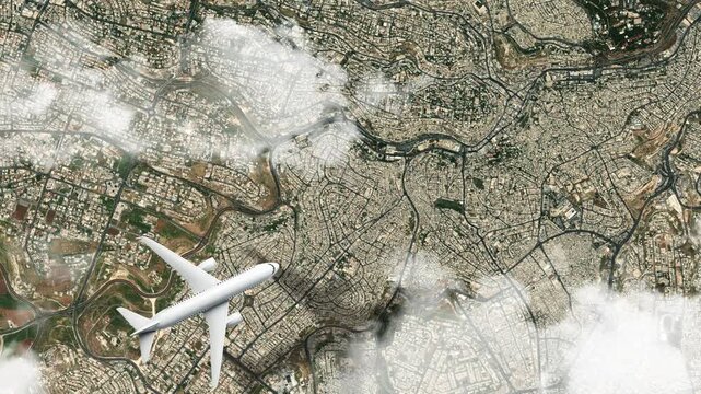Airplane Flying over Citadel of Amman, Amman, Jordan and Clouds. Aerial Airplane Scenes. Jet Flying Over Ancient Landmark and City Skyline. Aerial City Animation &ndash; Vox Style Map Animation in 4K
