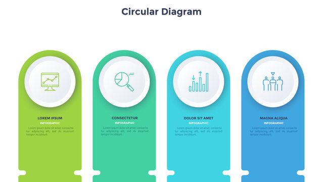 Circular diagram template with four steps for modern business infographic presentation. Vector illustration of creative strategy process, task management, corporate planning and workflow.