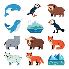 Arctic Animals Vector Illustration Set - Cute Narwhal, Puffin, Fox, and Muskox Icons. © Unique Gallery