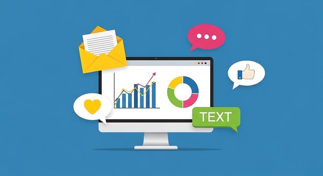 A computer monitor displays graphs and charts surrounded by icons and speech bubbles on a blue background with a document and text.