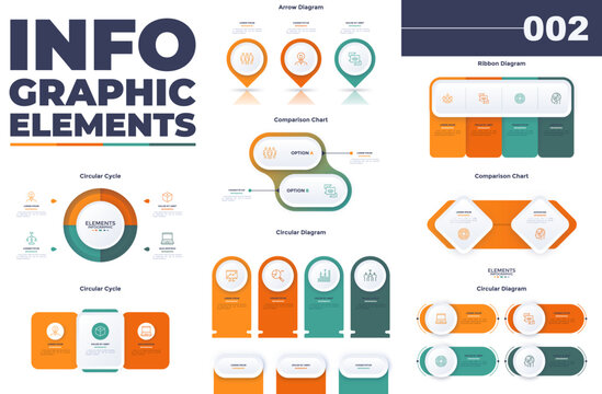 Big set of business infographic element for presentation slide. Vector illustration layout with arrow, ribbon, circular cycle, and comparison chart for professional data visualization.