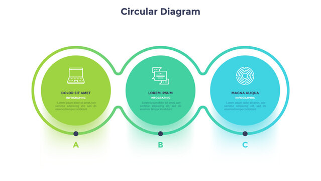 Vector illustration with Circular infographic diagram with three steps for business presentation slide. Template showing process flow with icons and text blocks. Strategic planning and modern