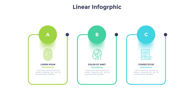 Vector illustration, infographic presentation slide with three step timeline option. Business process workflow chart with linear icons, fingerprint, ai head and security server for data analysis.