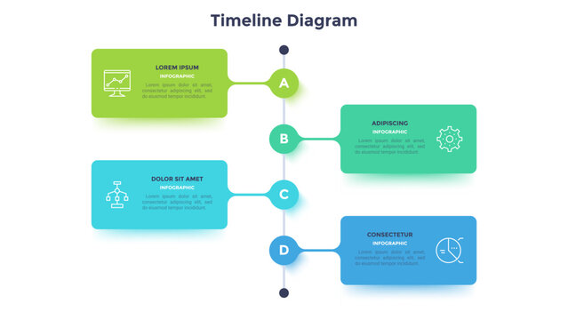 Illustration with Timeline diagram infographic with four steps. Modern business presentation template with geometric shapes and process flow. Vector element for strategic planning and project