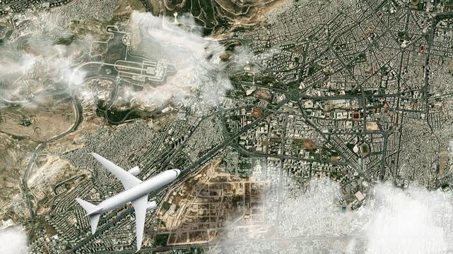 Airplane Flying over Umayyad Mosque, Damascus, Syria and Clouds. Aerial Airplane Scenes. Jet Flying Over Historic Mosque and City Skyline. Aerial City Animation &ndash; Vox Style Map Animation in 4K
