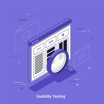Usability testing with magnifying glass over website interface in isometric view. Software development technology concept. Thin line cartoon vector illustration of digital product analysis.
