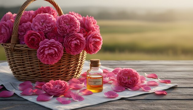 Fresh pink damask roses in a wicker basket with essential oil bottle for the Bulgaria Rose Festival in Kazanlak concept, representing organic beauty and floral heritage