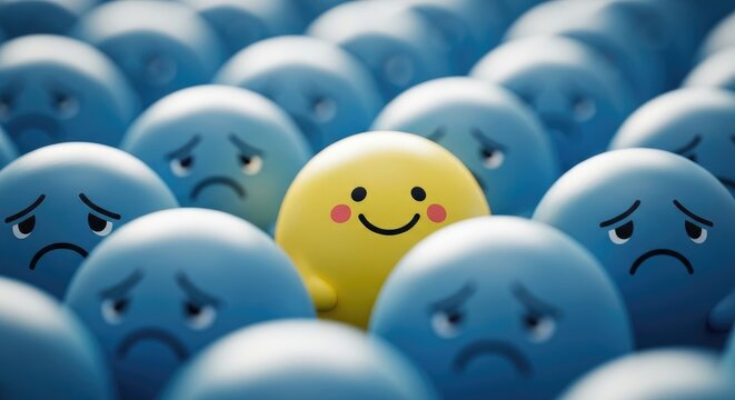 Standing out from the crowd a yellow smiley face among sad blue emoticons