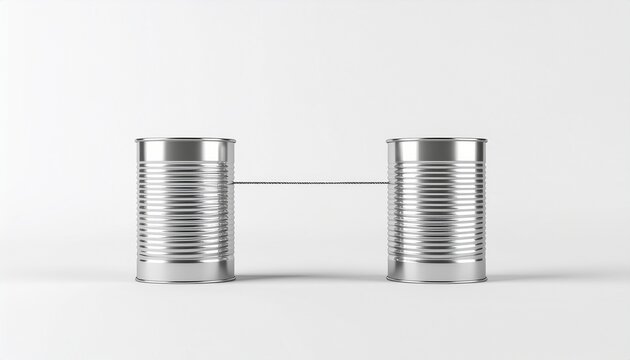 Two tin cans connected by a string for symbolic communication on a plain background
