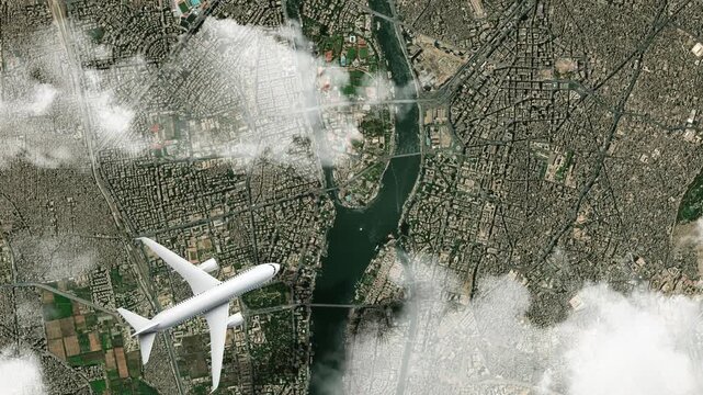Airplane Flying over Great Pyramid of Giza, Cairo, Egypt and Clouds. Aerial Airplane Scenes. Jet Flying Over Ancient Wonder and City Skyline. Aerial City Animation &ndash; Vox Style Map Animation in 4K
