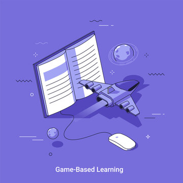 Isometric vector illustration with Open book with flying starship and computer mouse. Game based learning concept in isometric vector style. Modern digital education technology for student in school