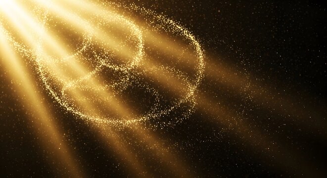 Ethereal golden light rays pierce through swirling particulate matter, creating a magical and radiant abstract backdrop