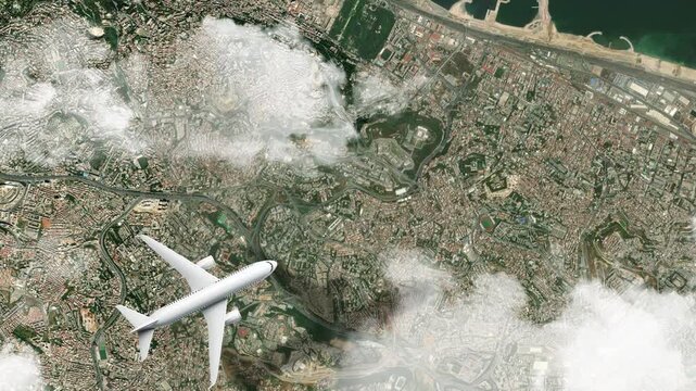 Airplane Flying over Martyrs' Memorial, Algiers, Algeria and Clouds. Aerial Airplane Scenes. Jet Flying Over Historic Monument and City Skyline. Aerial City Animation &ndash; Vox Style Map Animation in 4K

