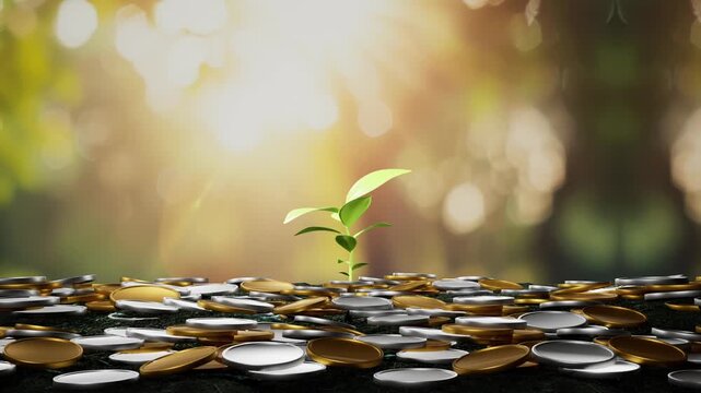 Small Green Sprout Growing From Scattered Gold And Silver Coins As Concept For Financial Seed Investment