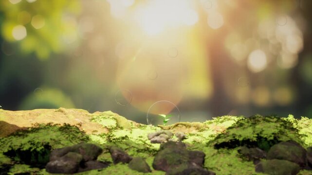 Young Green Sprout Protected Inside A Glass Bubble In Mossy Nature Environment