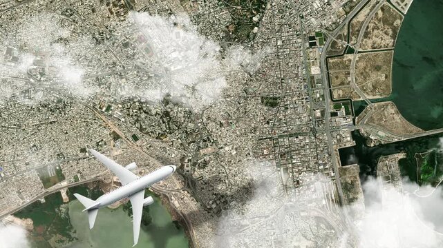 Airplane Flying over Medina of Tunis, Tunis, Tunisia and Clouds. Aerial Airplane Scenes. Jet Flying Over Historic Old Town and City Skyline. Aerial City Animation &ndash; Vox Style Map Animation in 4K