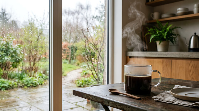 Clear glass mug holding hot black coffee sits beside wooden spoon near rainy.