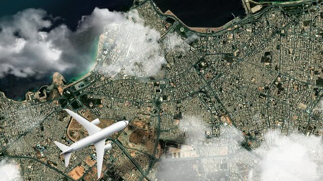 Airplane Flying over Columbus Lighthouse, Santo Domingo, Dominican Republic and Clouds. Aerial Airplane Scenes. Jet Flying Over Historic Monument and City Skyline. Aerial City Animation &ndash; Vox Style 4K