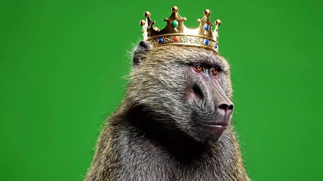 A majestic baboon wearing a golden crown with colorful jewels against a vibrant green background.
