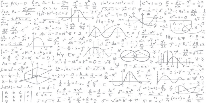 Hand drawn vector illustration of sketch arrows in a seamless doodle pattern featuring math formulas and science symbols on a grunge school blackboard texture for business and education design