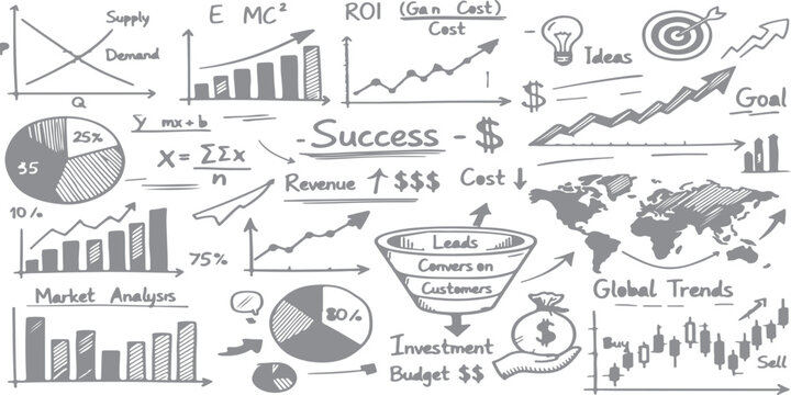 Hand drawn business infographic set of vector sketches and doodle elements featuring vintage style charts, graphs, arrows, and web icons for professional design