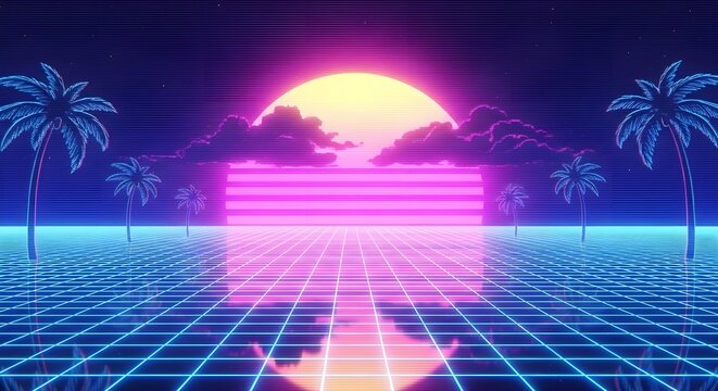 Retro 80s Sunset Horizon with Neon Grid and Palm Trees