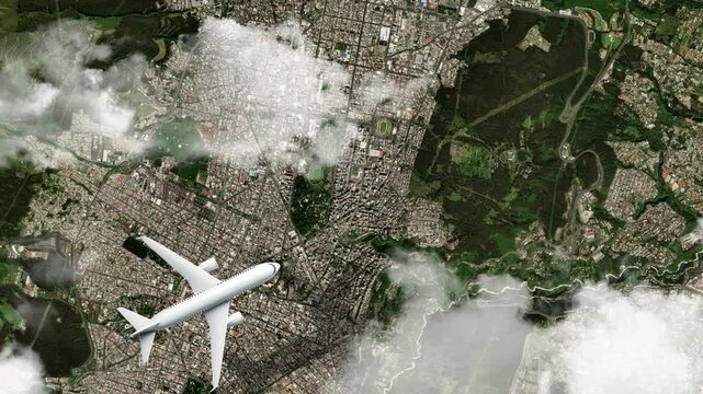 Airplane Flying over Church of La Compa&ntilde;&iacute;a de Jes&uacute;s, Quito, Ecuador and Clouds. Aerial Airplane Scenes. Jet Flying Over Historic Church and City Skyline. Aerial City Animation &ndash; Vox Style Map Animatio