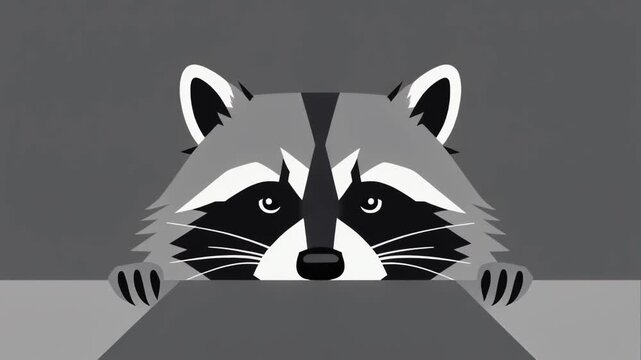 Raccoon peeking from behind surface.
