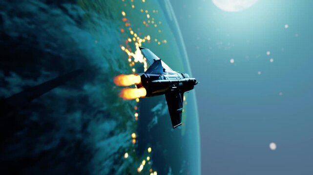 Advanced Stealth Fighter Jet Flying In Orbit Above Earth At Night With Afterburner On