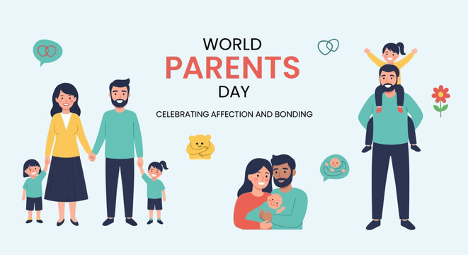 Diverse families engaging in affectionate bonding and celebrating World Parents Day with their children on a bright studio background.