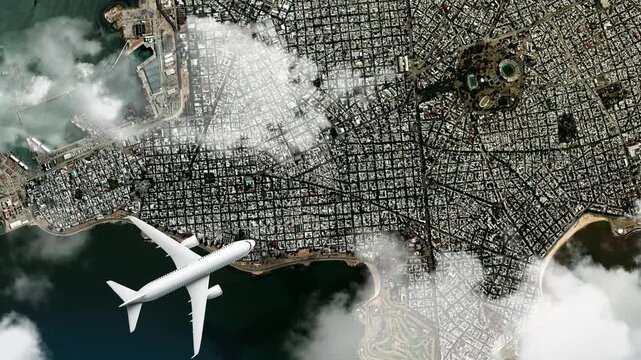 Airplane Flying over Rambla of Montevideo, Montevideo, Uruguay and Clouds. Aerial Airplane Scenes. Jet Flying Over Coastal Promenade and City Skyline. Aerial City Animation &ndash; Vox Style Map 4K