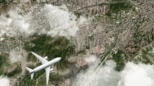 Airplane Flying over Avila Mountain (Waraira Repano), Caracas, Venezuela and Clouds. Aerial Airplane Scenes. Jet Flying Over Mountain and City Skyline. Aerial City Animation &ndash; Vox Style Map Animation 