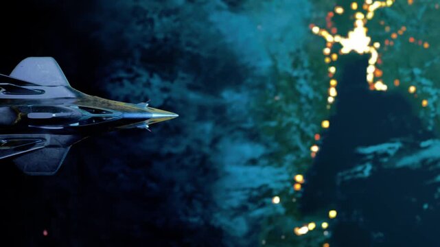 Advanced Stealth Fighter Jet Flying In Orbit Above Earth At Night With Afterburner On