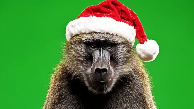 A baboon wearing a festive red and white Santa hat against a vibrant green background, looking directly at the viewer.
