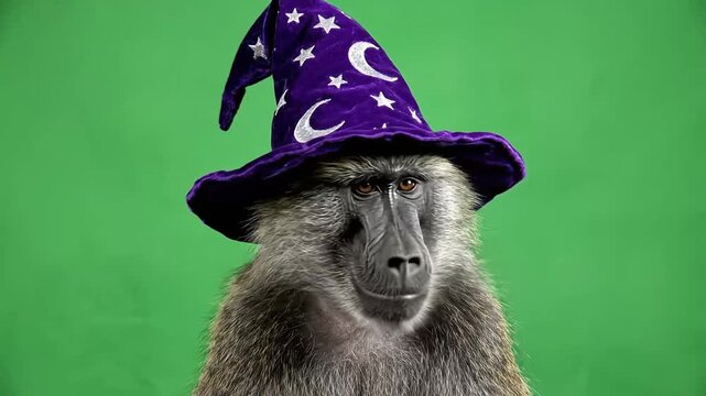 A baboon wearing a purple wizard hat with white stars and moons against a vibrant green background.